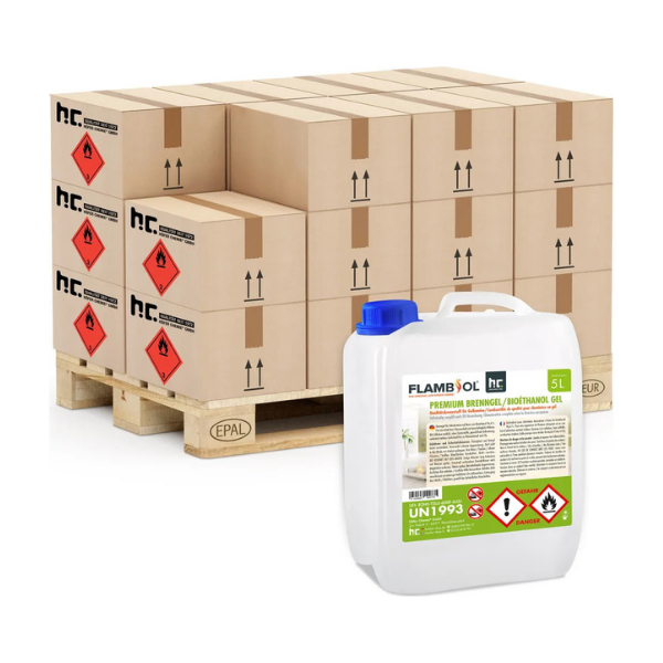 FLAMBIOL® Premium Brenngel – 96 × 5 L Kanister – auf Bioethanolbasis für Indoor- & Outdoor-Kamine