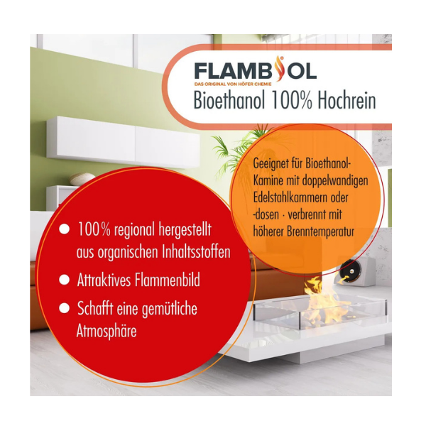 FLAMBIOL® Bioethanol 100 % hochrein – 540 × 1 L Flaschen – für geeignete Edelstahl-Tischkamine